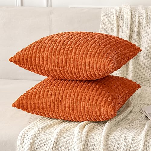 Miniatura 5 de MIULEE Paquete de 2 fundas de almohada decorativas color naranja de 16 x 16 pulgadas, fundas de almohada de pana a rayas bohemias modernas para