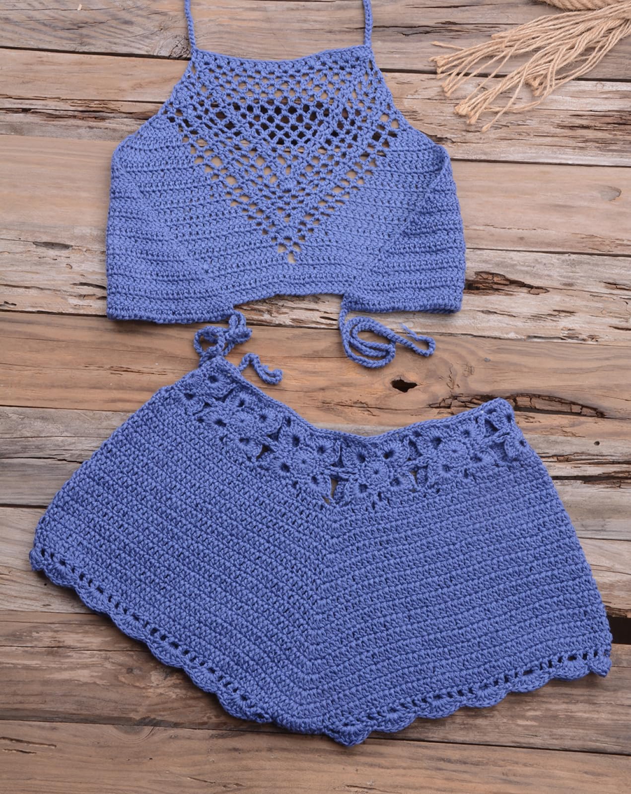 OLEETS Ensemble Bikini Crochet pour Femme -Sexy Fait À La Main Tricoté Creux Licou 2 Pièces Maillot De Bain Mode Vintage Maillots De Bain Été Maillot De Bain Couleur Unie