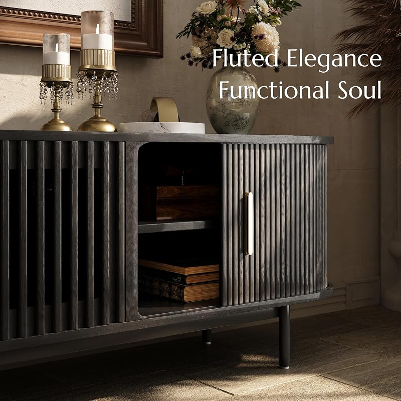 POVISON 94.49" Wood Fully-Assembled Sliding Tambour Door TV Stand, Black image 6