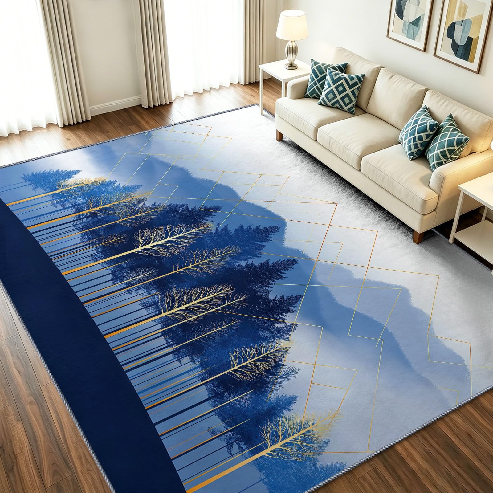 Alfombra de pelo corto geométrica azul 60 x 110 para salón y estudio