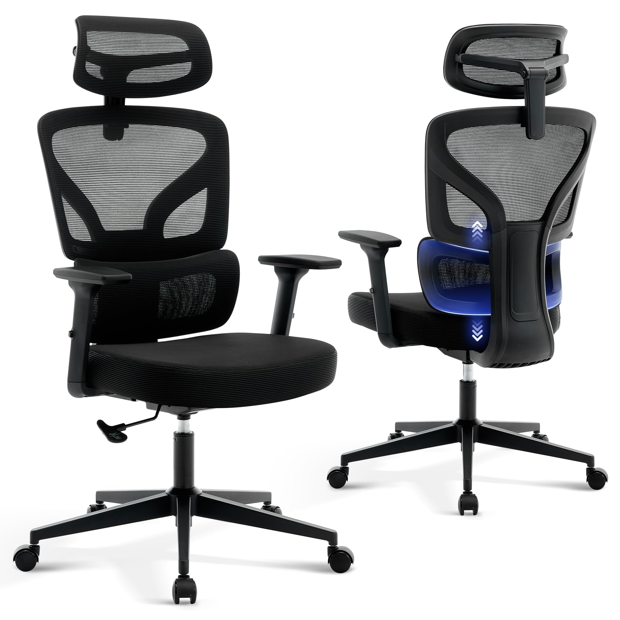 Zstar Silla De Oficina Ergonómica De Respaldo Alto - Malla Transpirable - Soporte Lumbar y Reposacabezas Ajustables，Giratoria 360° con Ruedas - Apta para Oficina, Hogar y Gaming