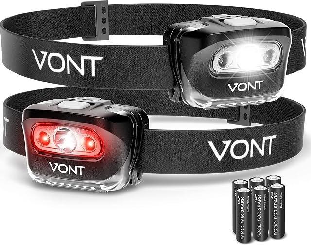 Vont LED Headlamp [Batteries Included, 2 Pack] IPX5 Waterproof, with Red Light, 7 Modes, Head Lamp, for Running, Camping, Hiking, Fishing, Jogging, Headlight Headlamps for Adults & Kids