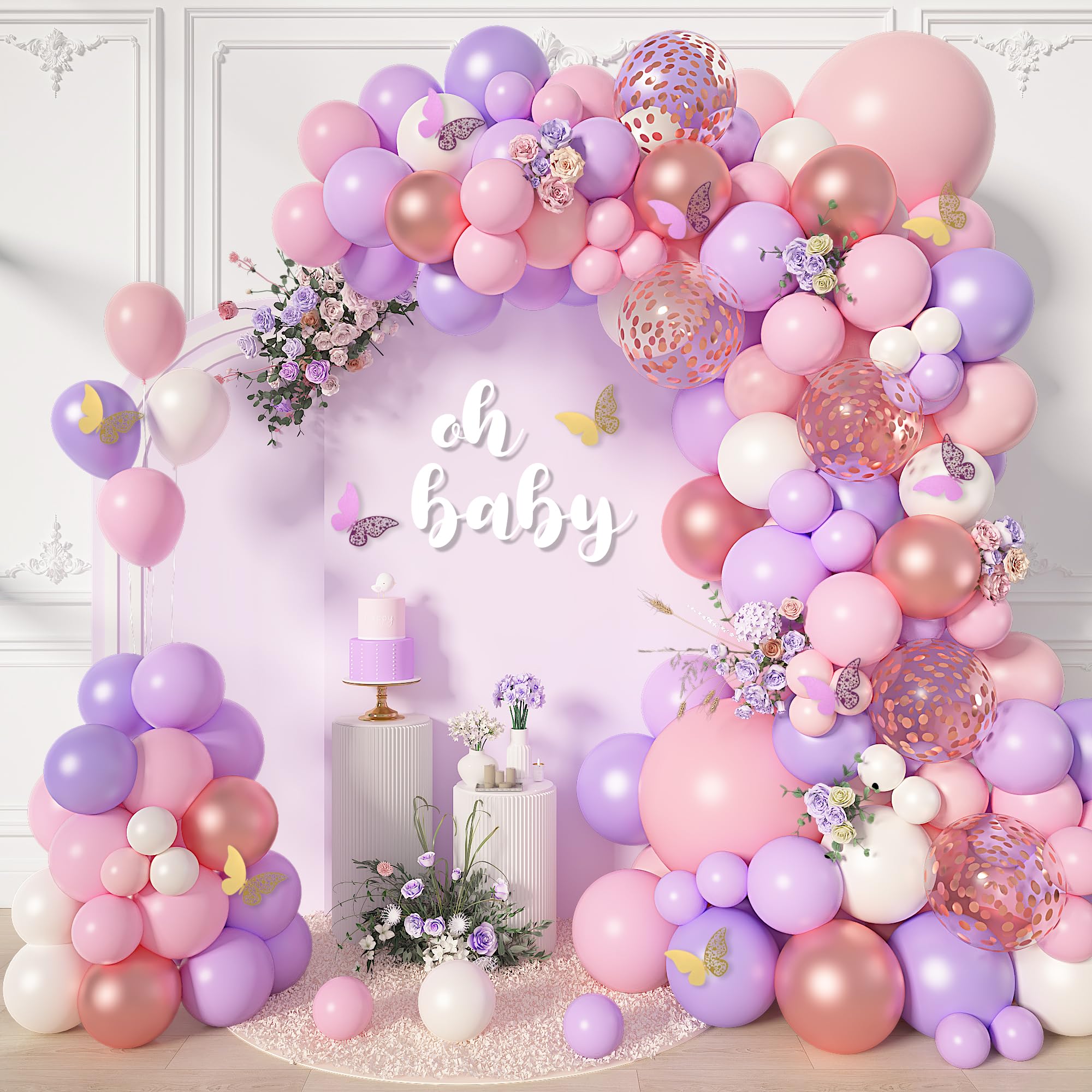 151PCS Pink Balloon Garland Arch Kit Rose Gold White Pink and Purple Balloons Confetti Latex Balloons Butterfly Stickers Decorations for Birthday Party Wedding Baby Bridal Shower Decorations