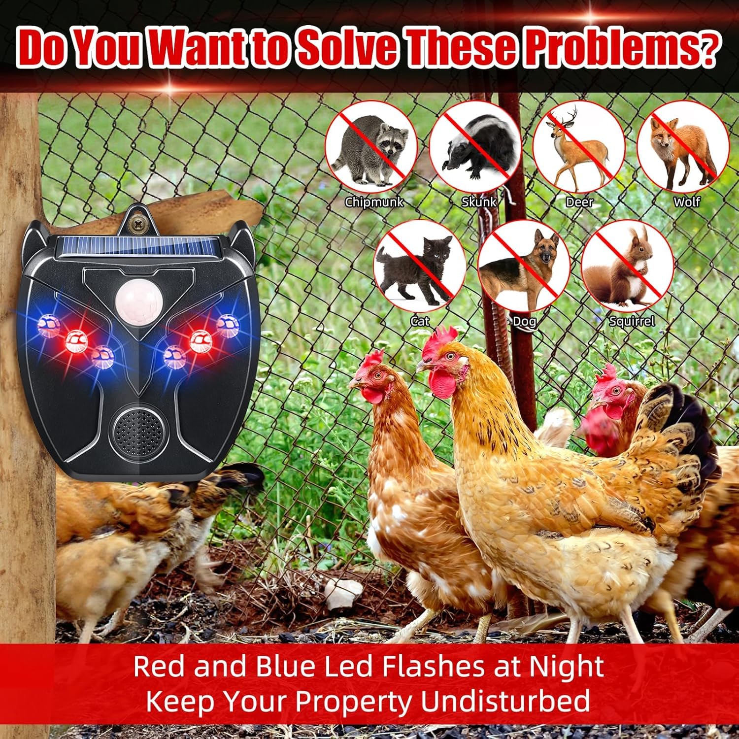 4X Répulsif Solaire pour Animaux Nocturnes, Dissuasif de Coyotes pour Jardin, Répulsif Lumineux Contre Moufettes et Renards, Protection Contre Prédateurs pour Poulailler