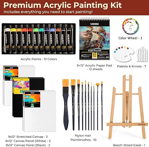 Miniatura 8 de VISWIN Juego de pintura acrílica de 62 piezas con caja de caballete, kit de pintura con 24 pinturas acrílicas, lienzos, pinceles, paleta, bloc de