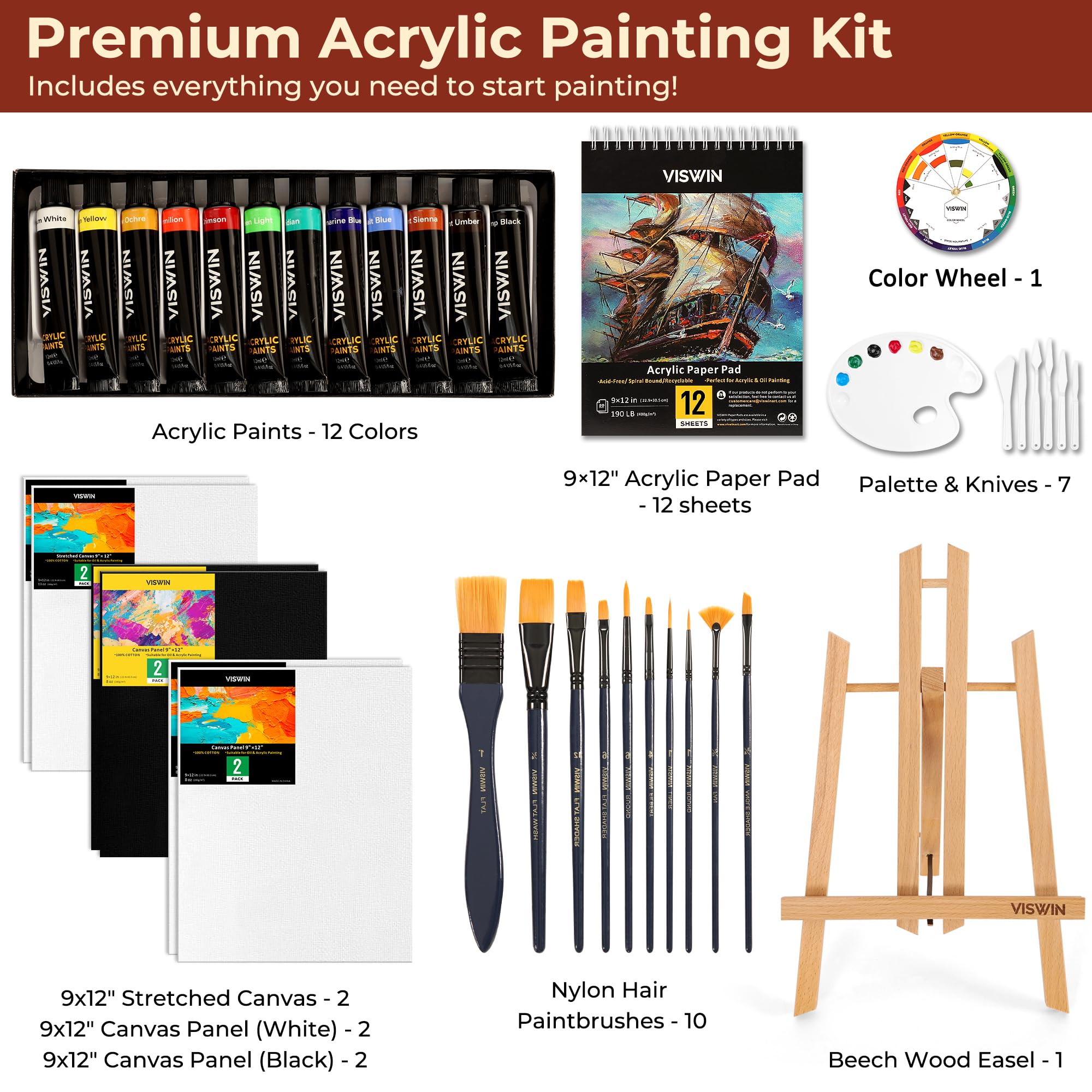 VISWIN Kit de Peinture Acrylique 51 Pièces avec Chevalet Table, Set Professionnel avec 12 Acryliques, Toiles, Pinceaux & Bloc, Matériel, Cadeau Idéal pour Adultes, Enfants, Artistes