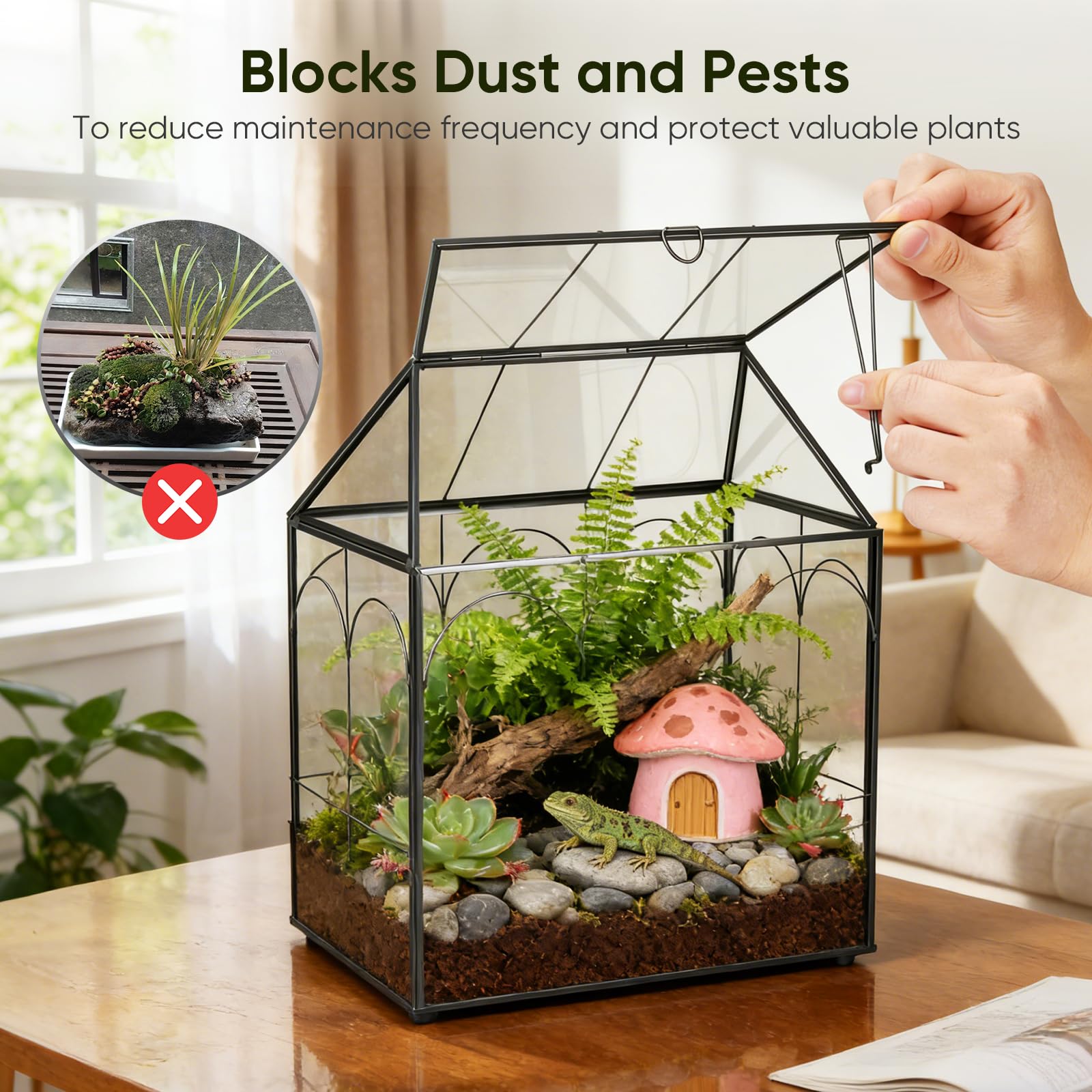 Mini Gewächshaus, 24x14,5x28cm Terrarium mit Aufklappbarem Glasdeckel, Volltransparentem Glas und Bodenwanne,Fensterbank Innen Gewächshaus aus Metallglas für Wohnzimmer und Büro auf der Fensterbank