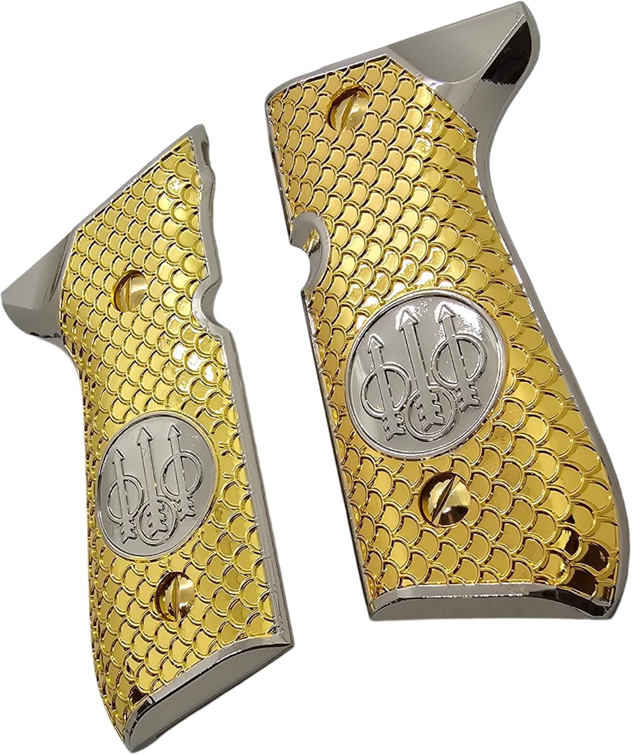 Nickel Gold Plated Metal Handle Panels for Beretta 92, 92F, 92G, FS, 92SB, 96, M9, Textured Design with Screws