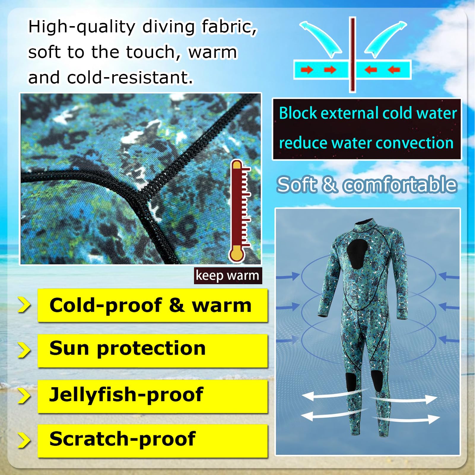 TOVCHEI Full Wetsuit 3MM Warm Cold-Proof Men Women One-Piece Diving Suit, Anti Jellyfish Anti-UV for Surfing Snorkeling Scuba,Blue,S