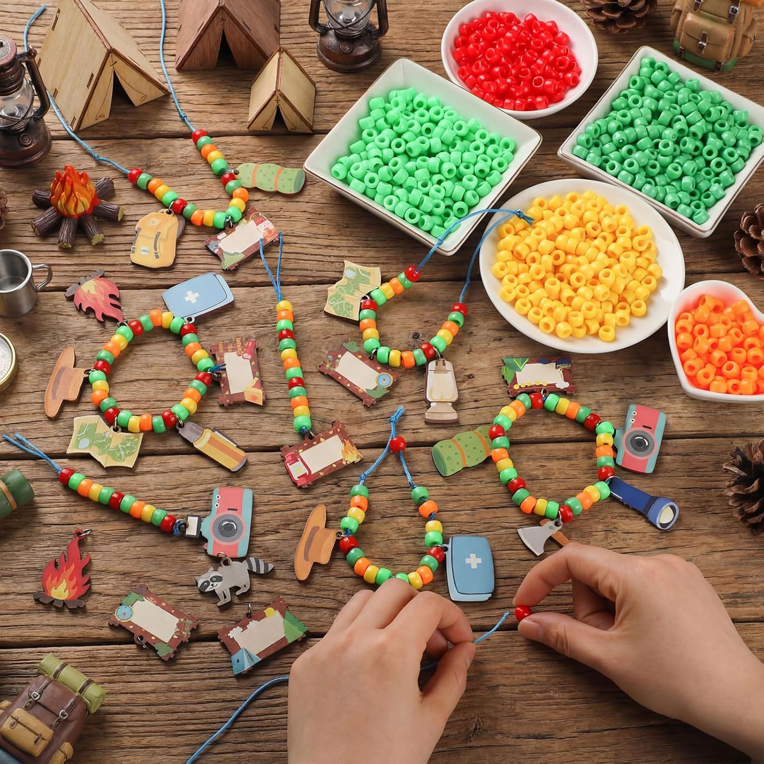 Ferreve 48 Sets Camping Bead Necklace Crafts Bulk Camping Name Tag Craft Kit Summer Camp Party Favors Travel Adventure Gifts for Vbs Supplies Home Party Activities