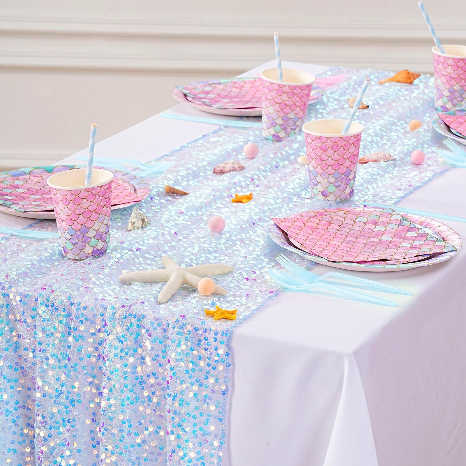 Blue Table Runner Sequin 10FT Iridescent Table Runner 25X120 inch Under The Sea Party Decorations Mermaid Party Supplies for Wedding Birthday Mermaid Theme Party