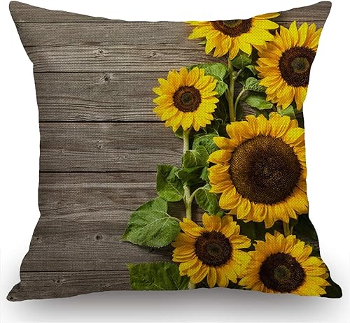 Swono Funda de cojín de arpillera de madera con diseño de girasol en el sofá, funda de cojín decorativa cuadrada de 18 x 18 pulgadas