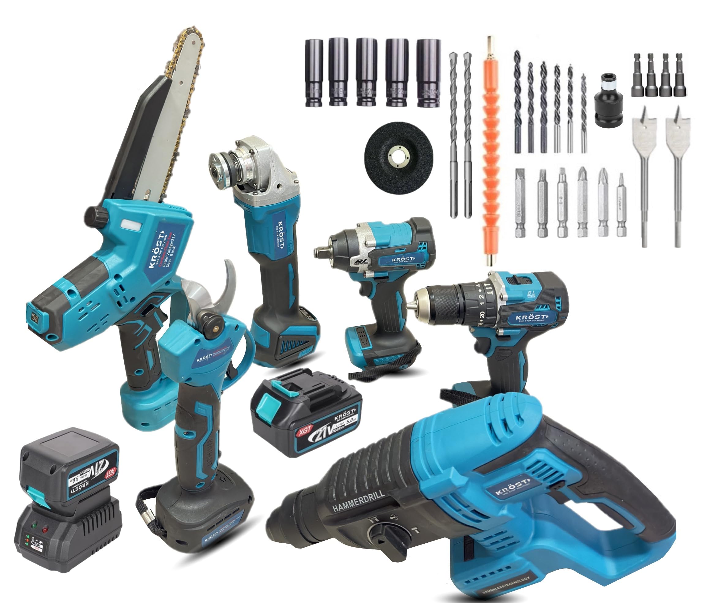 KROST PRO Series Multi-Use Combo Kit, Cordless Impact Drill, Angle Grinder, Impact Wrench,Rotary Hammer,Chainsaw,Pruning Shear, Brushless Motor with 2 pcs Batteries and Fast Charger (B0DBZ2967W) Amazon Price History, Amazon Price Tracker