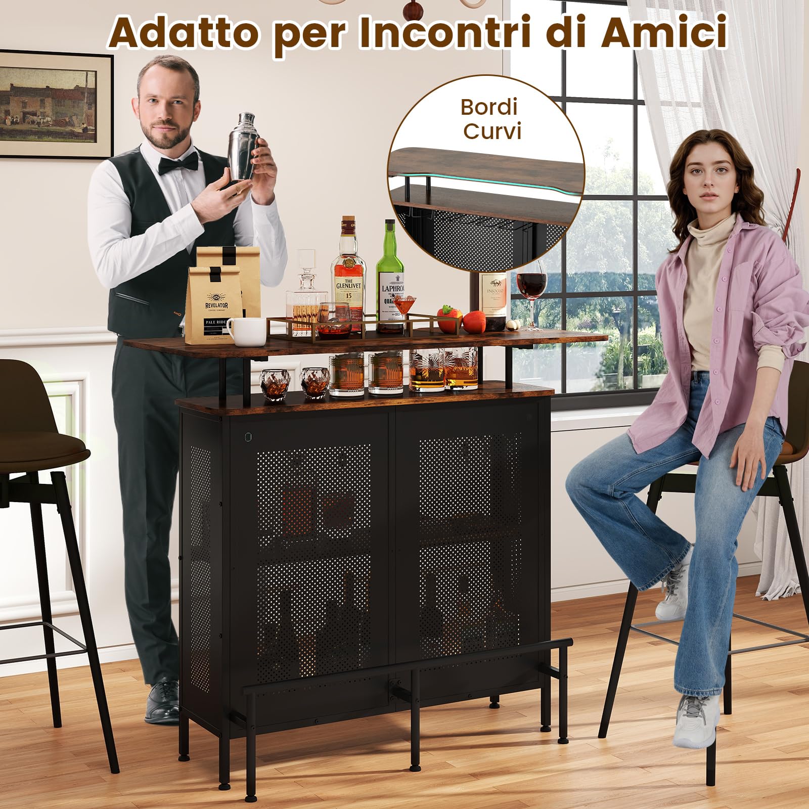 COSTWAY Mobile Portabottiglie a 4 Livelli, Portabottiglie per Vino da Terra con 2 Ripiani Porta Vini e Porta Calici, per Cantine, Sala da pranzo e Cucina (Naturale, 120 x 50 x 106,5 cm)