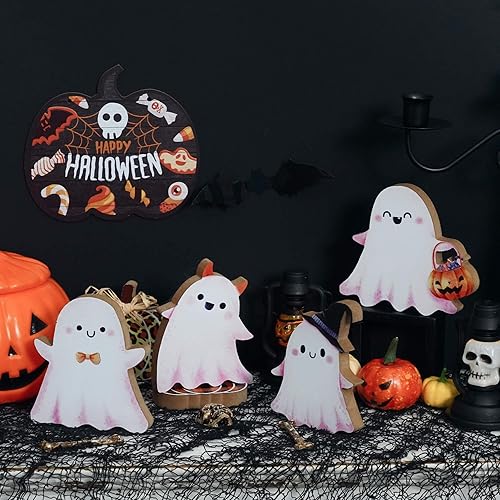 Miniatura 5 de Lindas decoraciones de mesa de Halloween de fantasma, bandeja escalonada de madera, letreros de mesa, letrero de truco o trato de pie para
