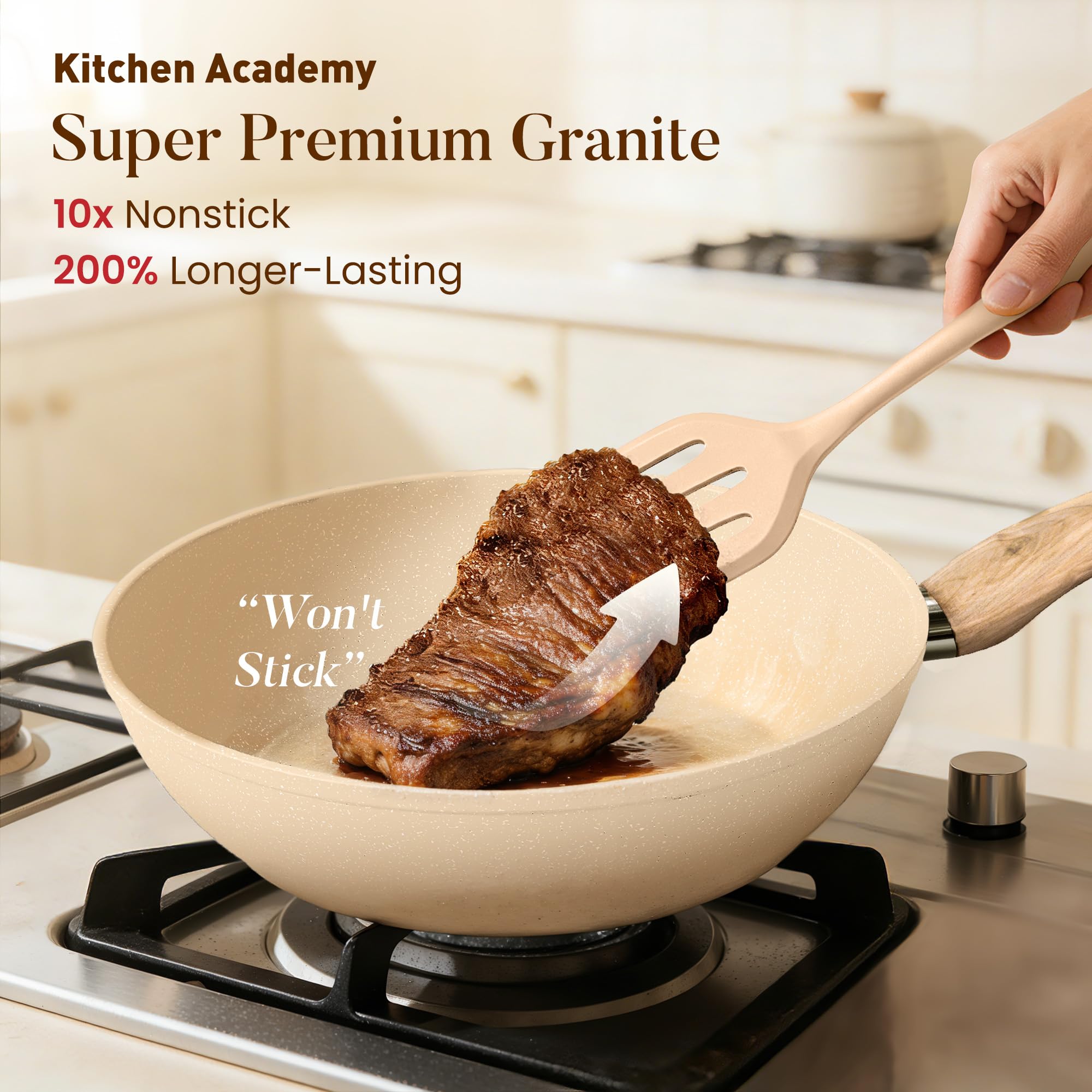 Kitchen Academy 12-Piece Beige Granite Non-Stick Induction Cooking Set, PFOA/PFOS Free, Includes Frying Pans & Pots for All Hob Types view 2