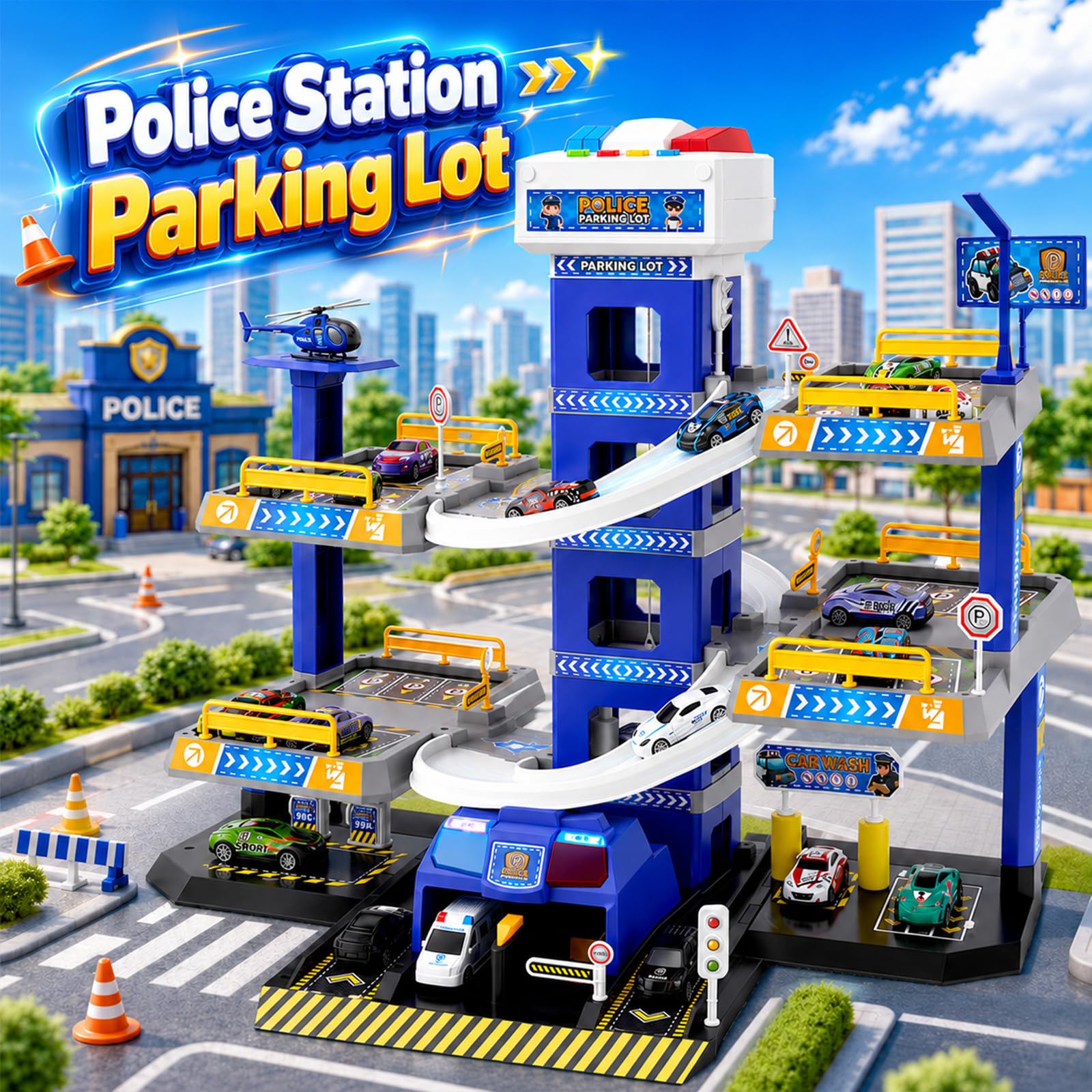 5 piani Garage per Bambini con Luci e Suoni, Parcheggio per Bambini con Ascensore, Giocattolo Garage Auto con Polizia, 14 Auto e 1 Elicotteri, Regali per Bambini 5-9 Anni, Blu