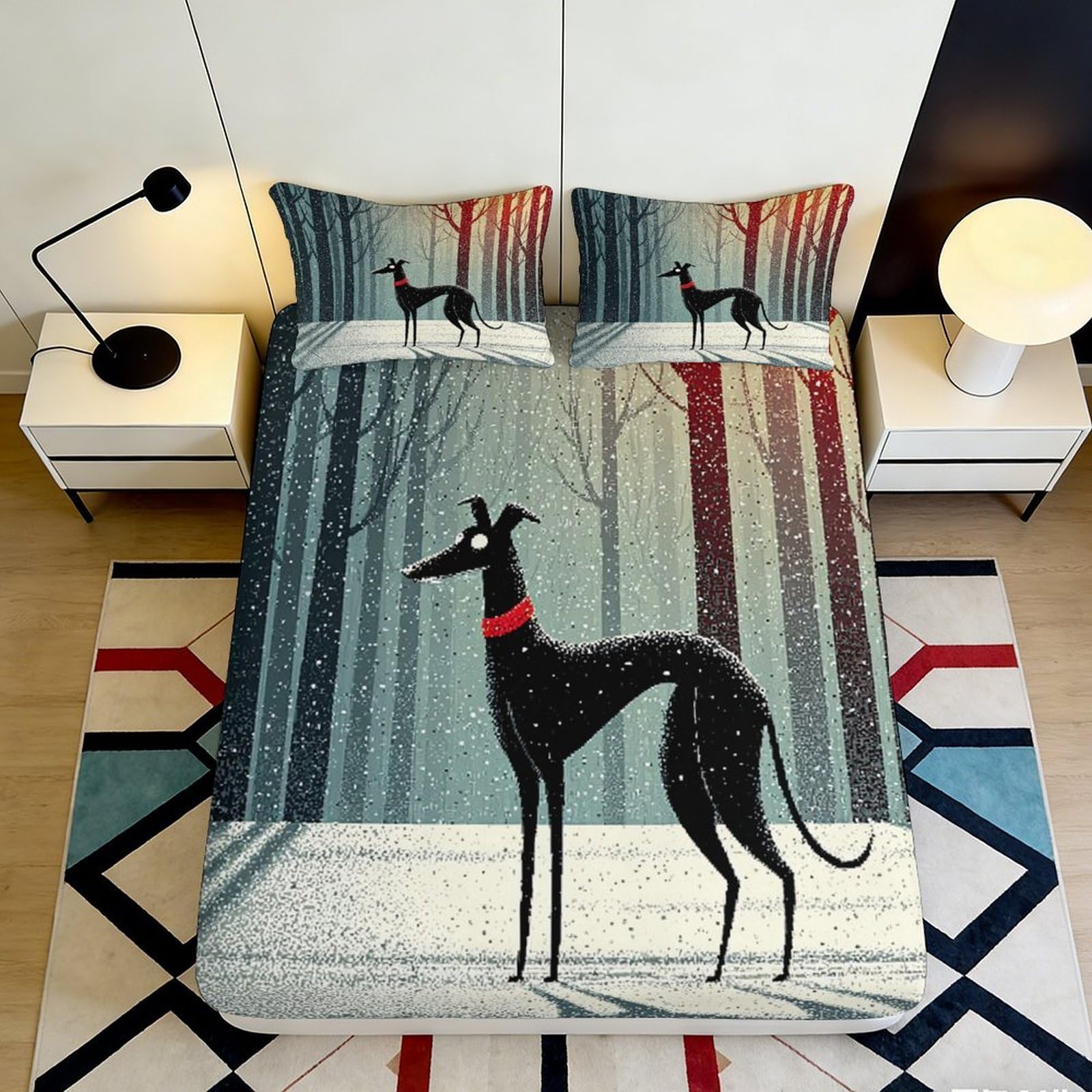 3D Printed Forest Greyhound Fitted Sheet Microfiber Soft Washable Abstract Dog Mattress Cover for Bedroom Decor 90x200x25cm