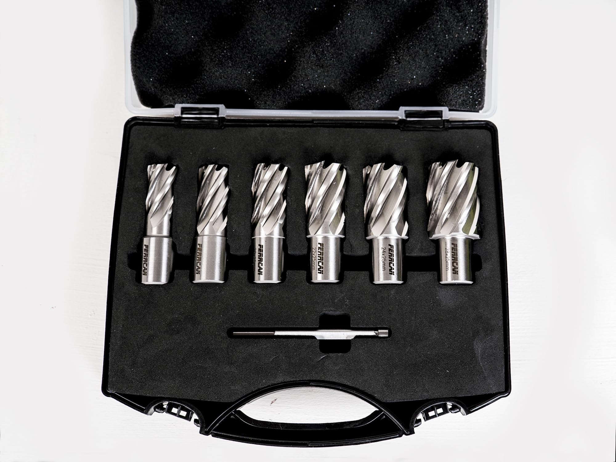 Maletín de 6 brocas huecas HHS Ferrcan, para perforación de metales vástago weldon de 16,18,20,22,24 y 28mm con profundidad de 25mm.
