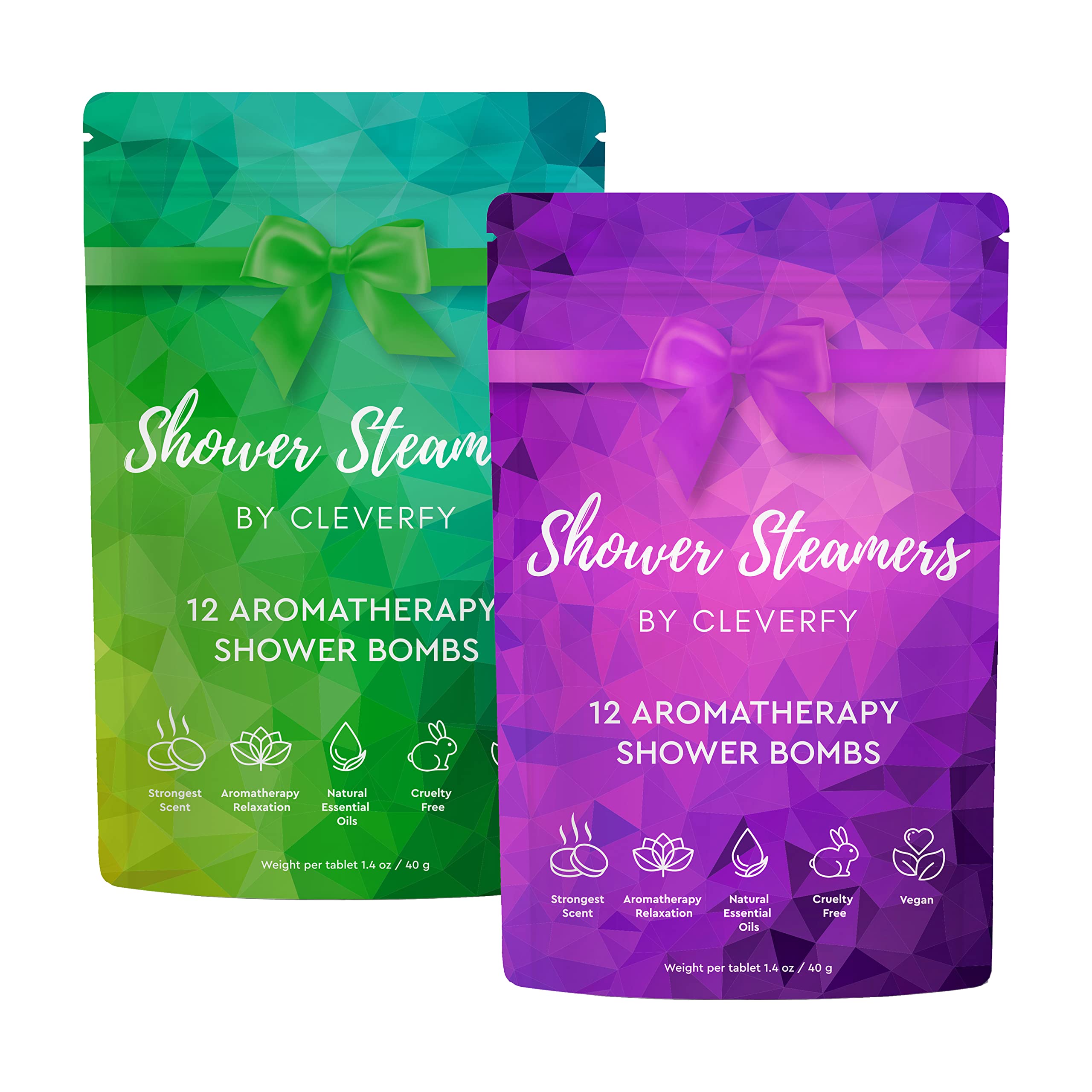 CLEVERFYShower Steamers Set of 2 Multipacks: Purple + Green. Each Pack Includes 12 Shower Bombs with Essential Oils for Relaxation, Stress and Sinus Congestion