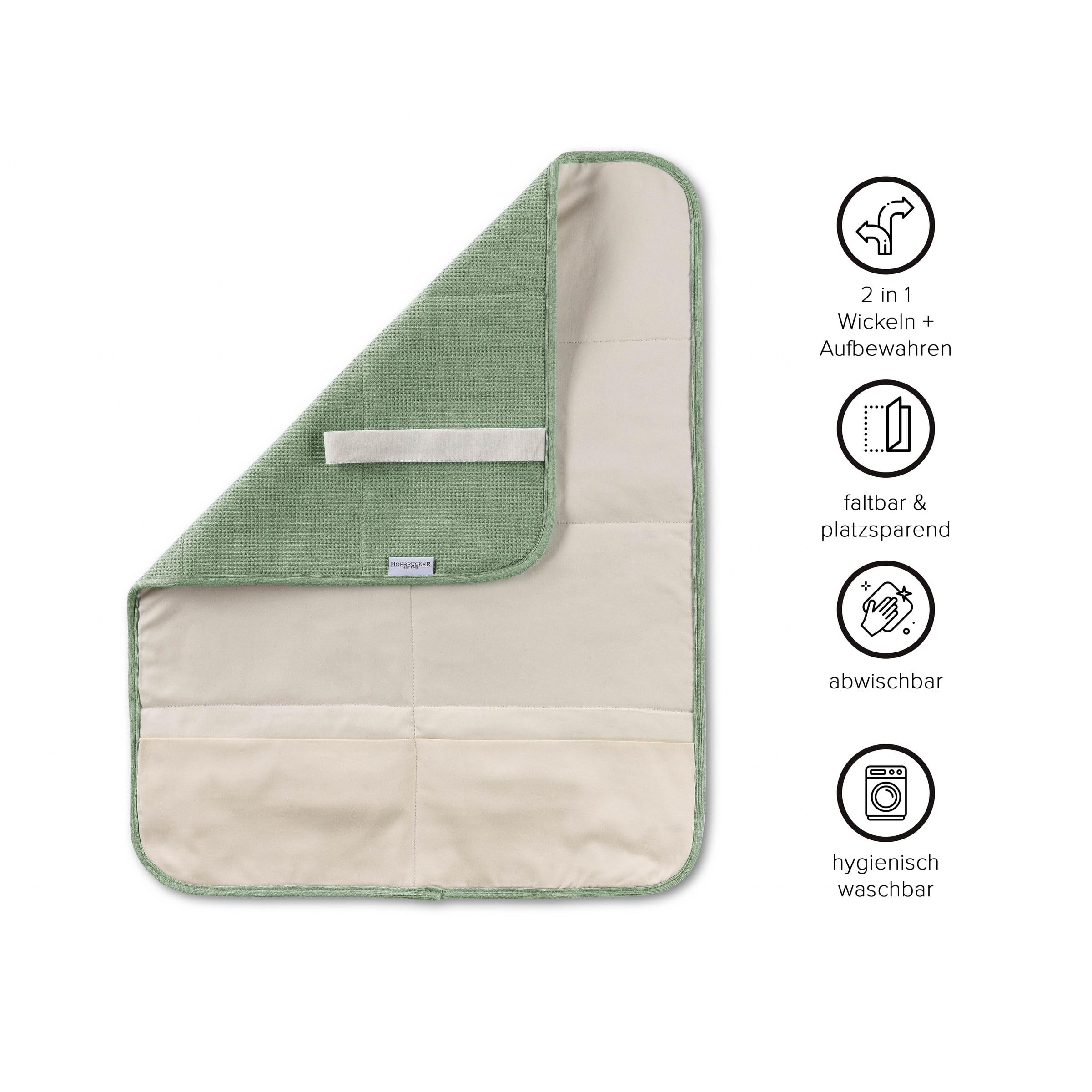 Hofbrucker® Windeltasche, Wickeltasche mit Wickelunterlage für unterwegs, faltbare Wickelclutch mit Organizer für Windeln & Feuchttücher, Abwischbar, Must Have für die Baby Erstausstattung (Salbei)