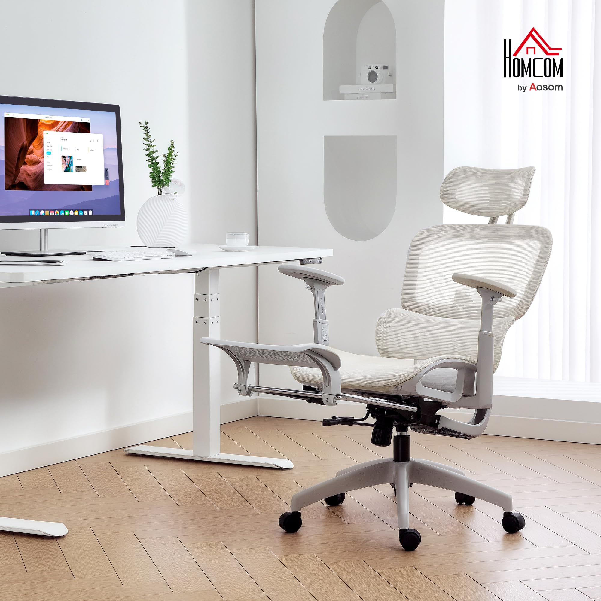 HOMCOM Silla de Oficina Ergonómica de Malla con Reposabrazos 3D Beige | Silla de Escritorio,Reclinable a 135°,Reposacabezas Ajustable,Respaldo Alto,Soporte Lumbar,Reposapiés,Altura Ajustable