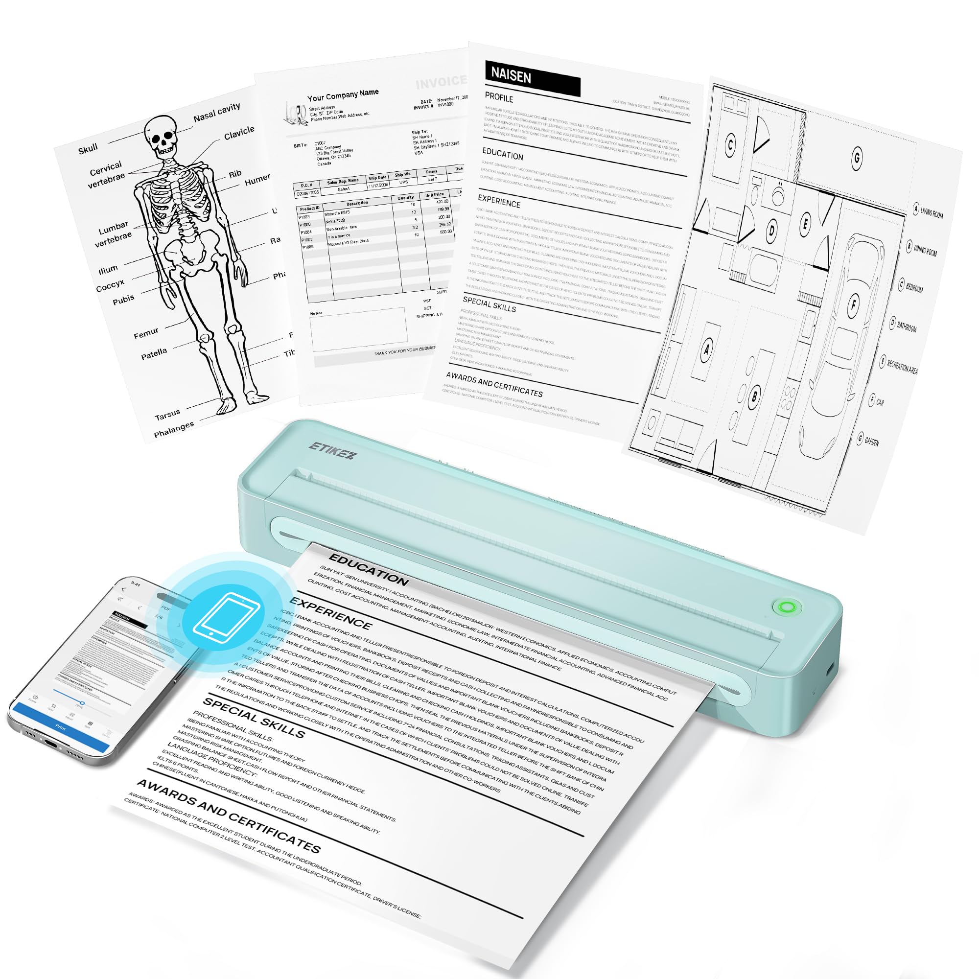 ETIKEZ D90E Thermodrucker A4, Mobiler Tragbarer Drucker, Grün | Mono-Thermodrucker für Unterwegs, Büro, Schule, kompatibel mit Windows/macOS/iOS/Android, 1 Pack + 10 Blatt Thermopapier