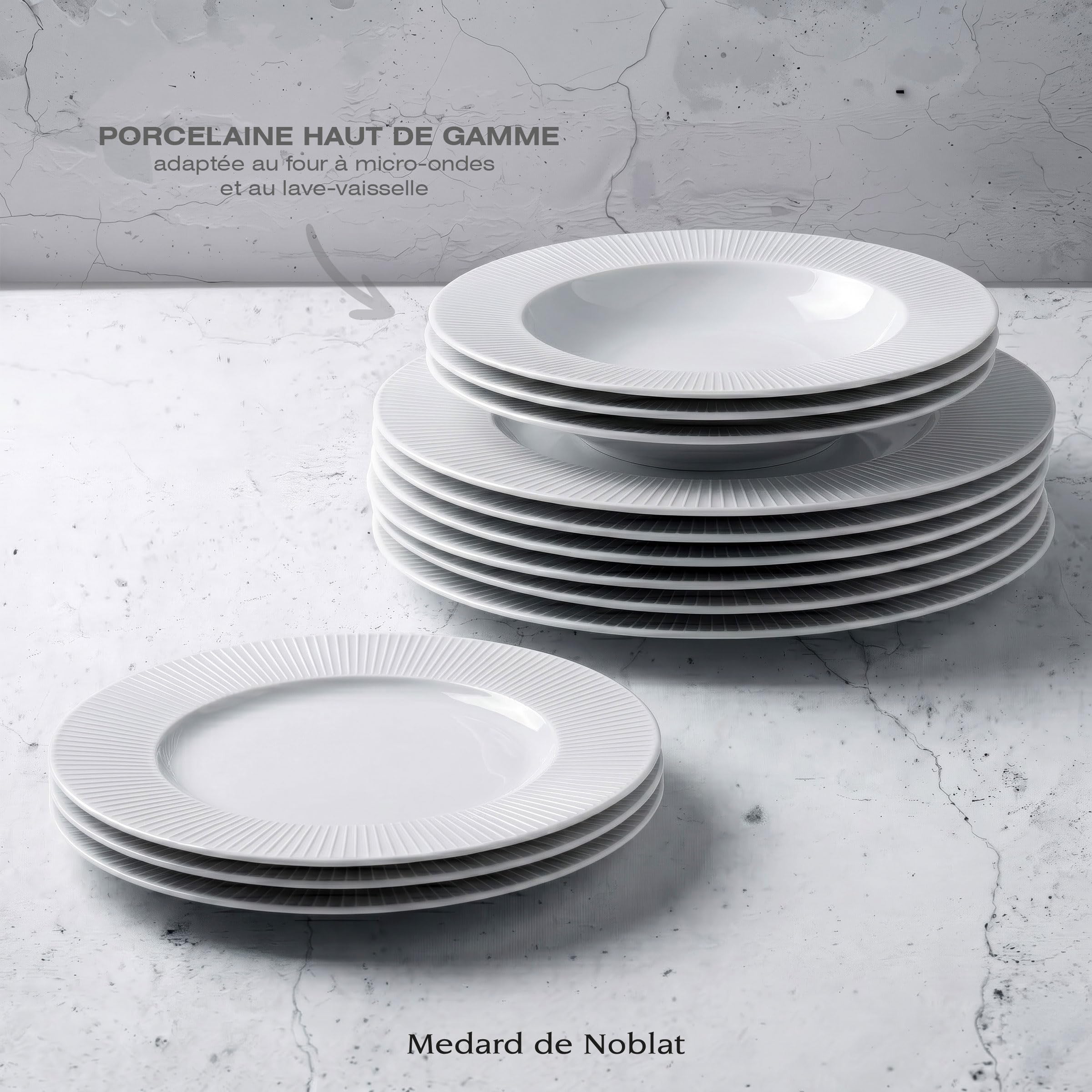 MÉDARD DE NOBLAT - Service vaisselle - Linus - Grès - Lot de 18 assiettes - Blanc