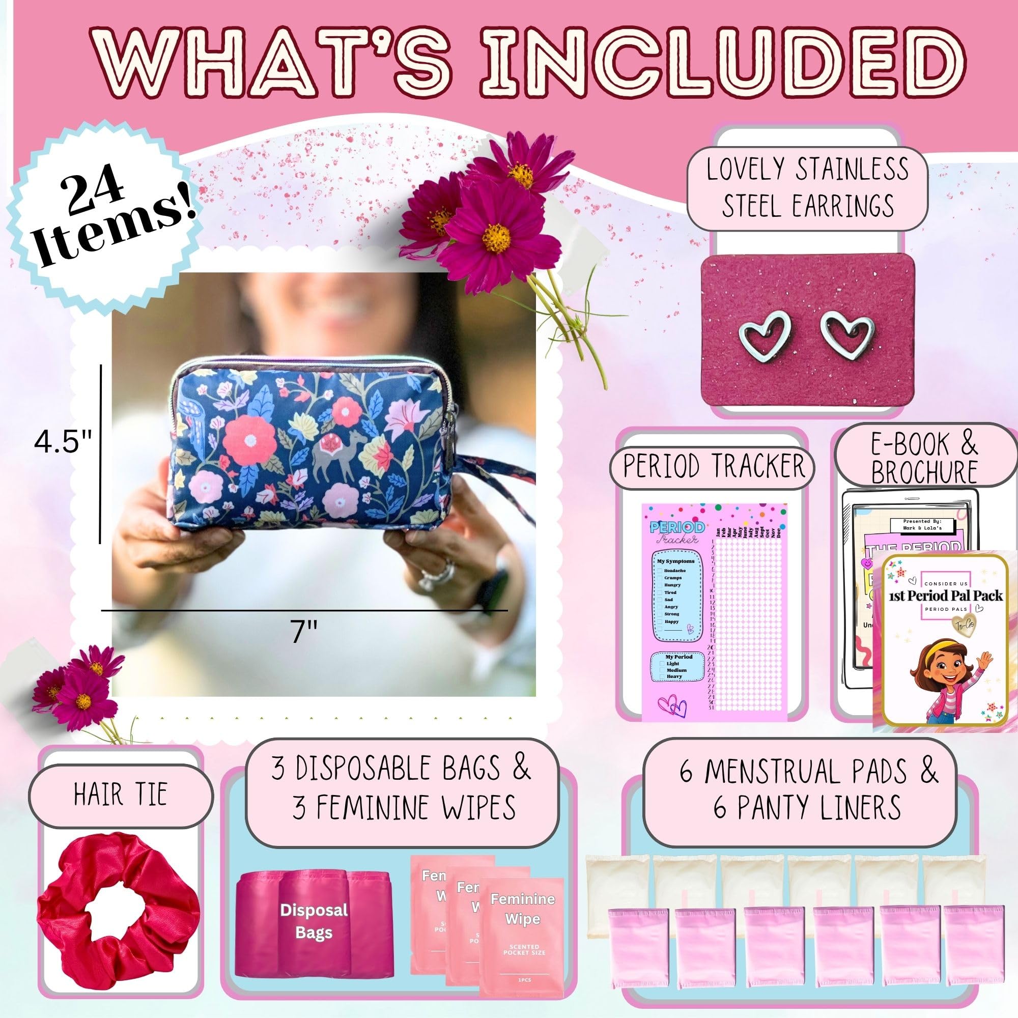 First Period Pal Pack to-Go Kit | 24 pcs | First Period Kit for Tweens | Teen Period Kit| Discrete Period Bag, Pads, Panty Liners, Period Kits for Tweens 10-12 (Florets)