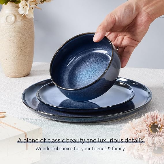 Homikit 12Pcs Dinner Set, Reactive Glaze Stoneware for 4, Nebulas Blue