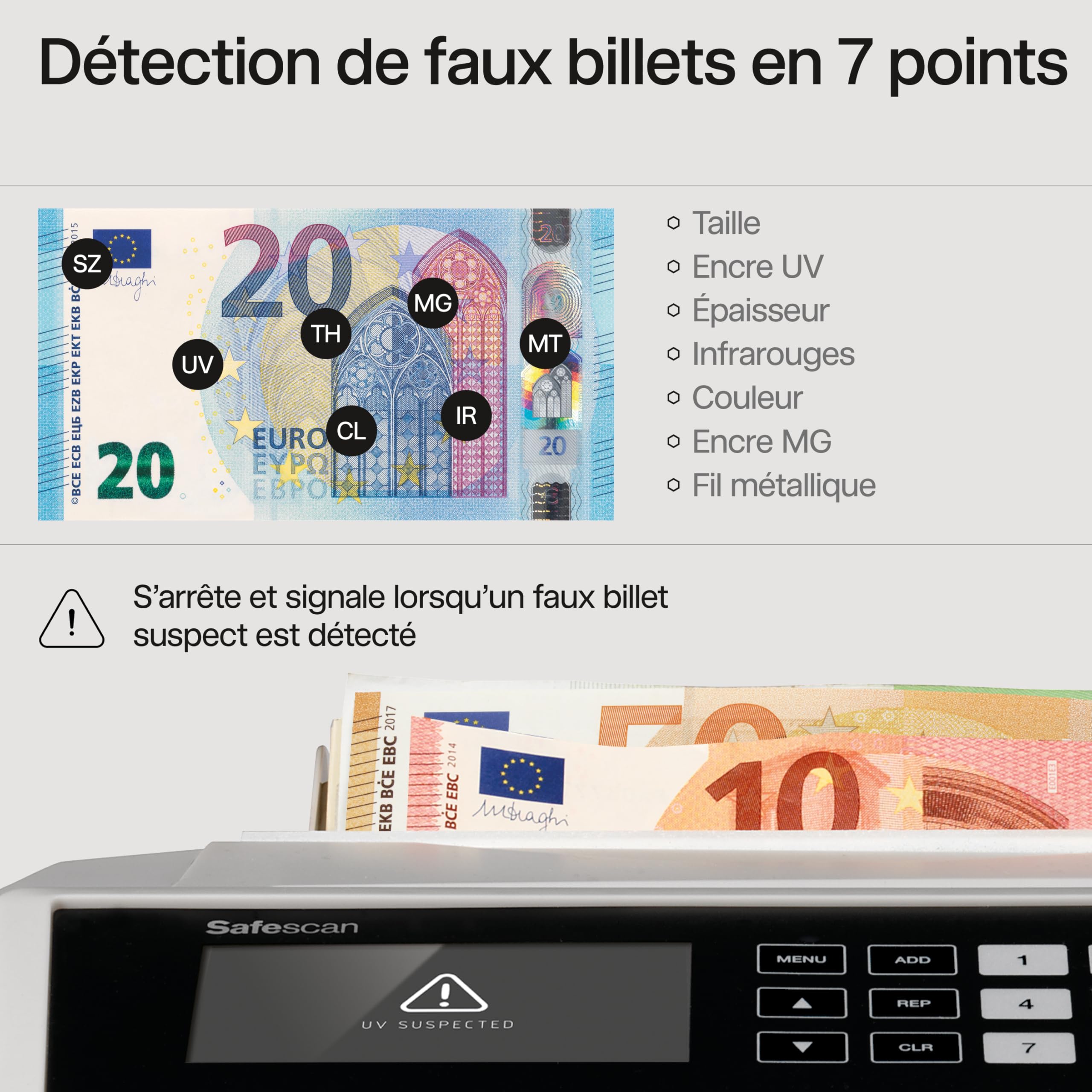 Safescan 2465-S compteuse de billets valorisatrice pour les billets mélangés euro - Compteur de billets avec détection de faux billets sur 7 points - Compte les billets triés de toutes les devises