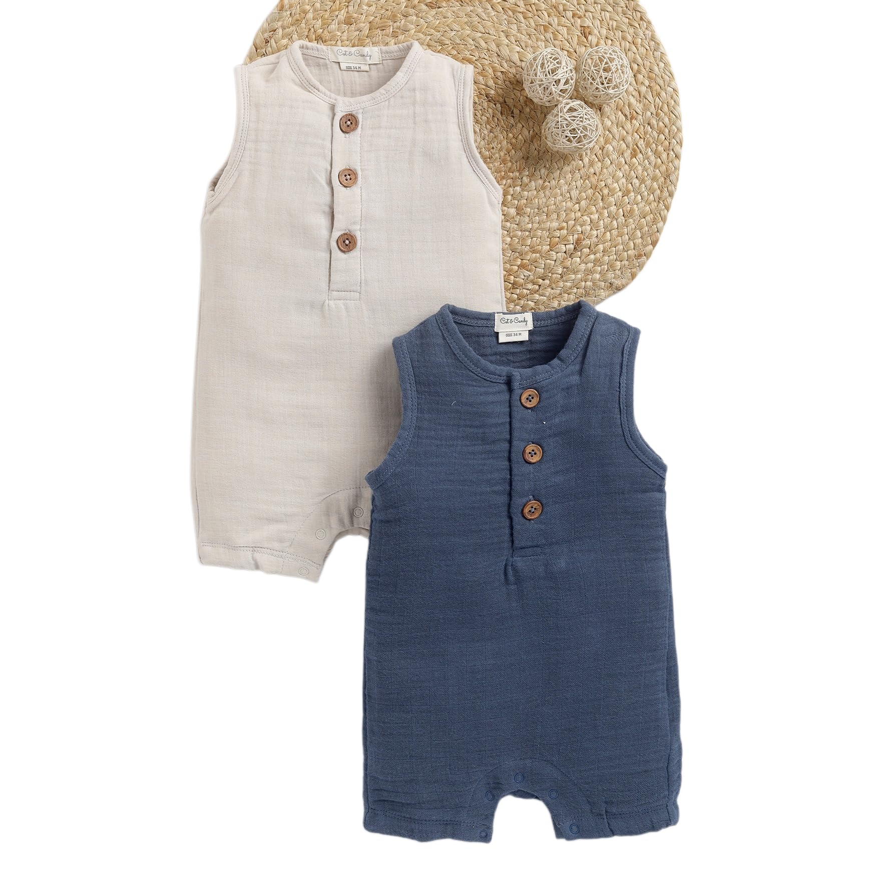 Cot & Candy Baby Organic Muslin Half Romper Pack Of 2-Navy + Oatmeal-picture-36