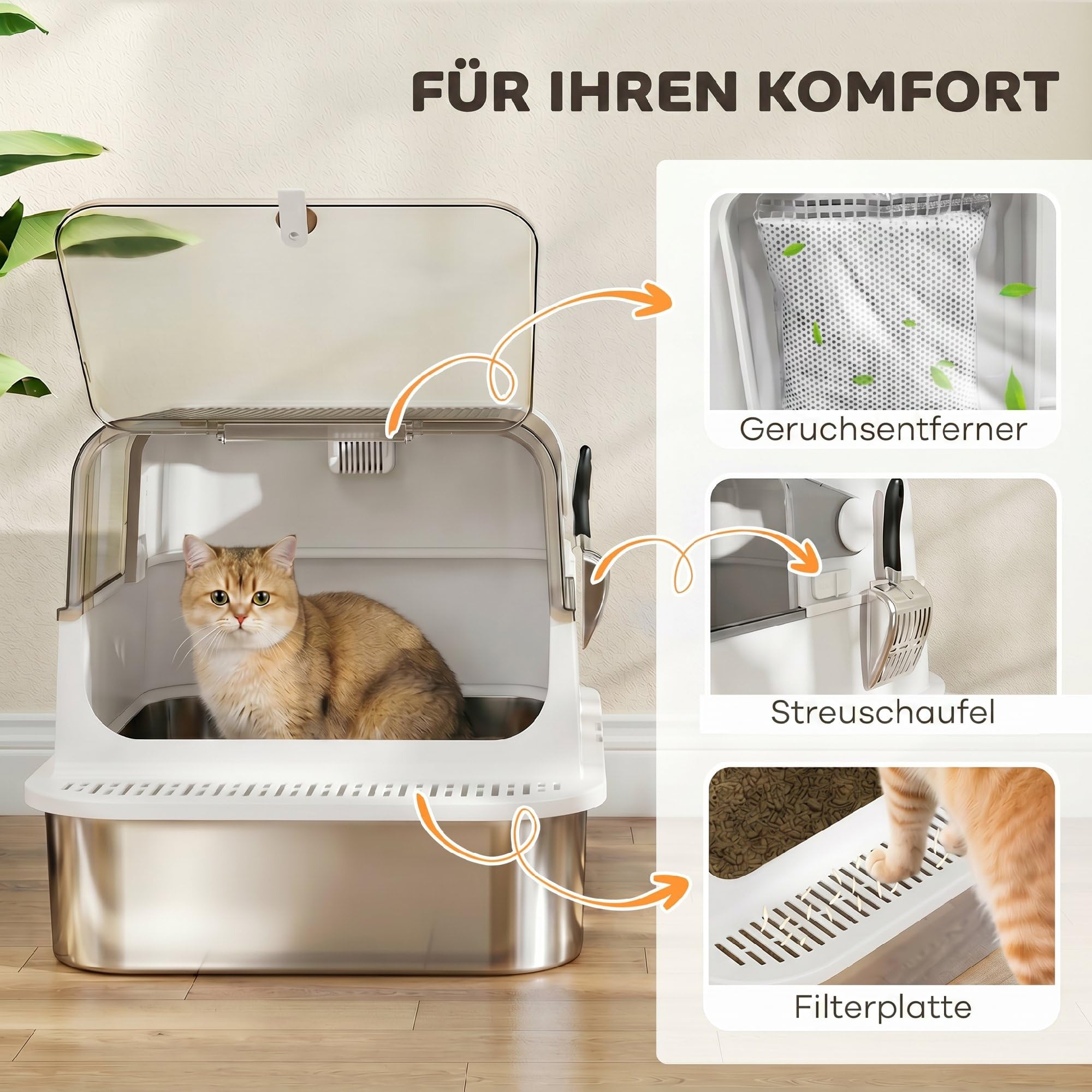 PawHut Katzenklo XXL Edelstahl mit Deckel 52L für große Katzen Weiß | Katzentoilette für Mehrere Katzen, mit Doppeltüren, Schaufel, Hoher Ränder, Leicht zu Reinigen, Anti-Leck, Geruchsresistent