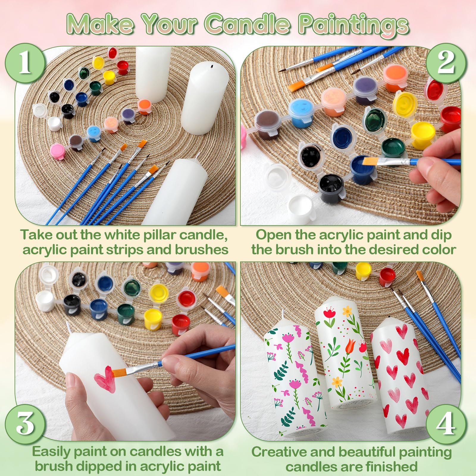 MTLEE 48 Pcs DIY Candle Painting Kit Include White Candles Colorful Acrylic Paint Strips and Paintbrushes for Crafts Making Wedding Birthday Party Centerpiece (Pillar)