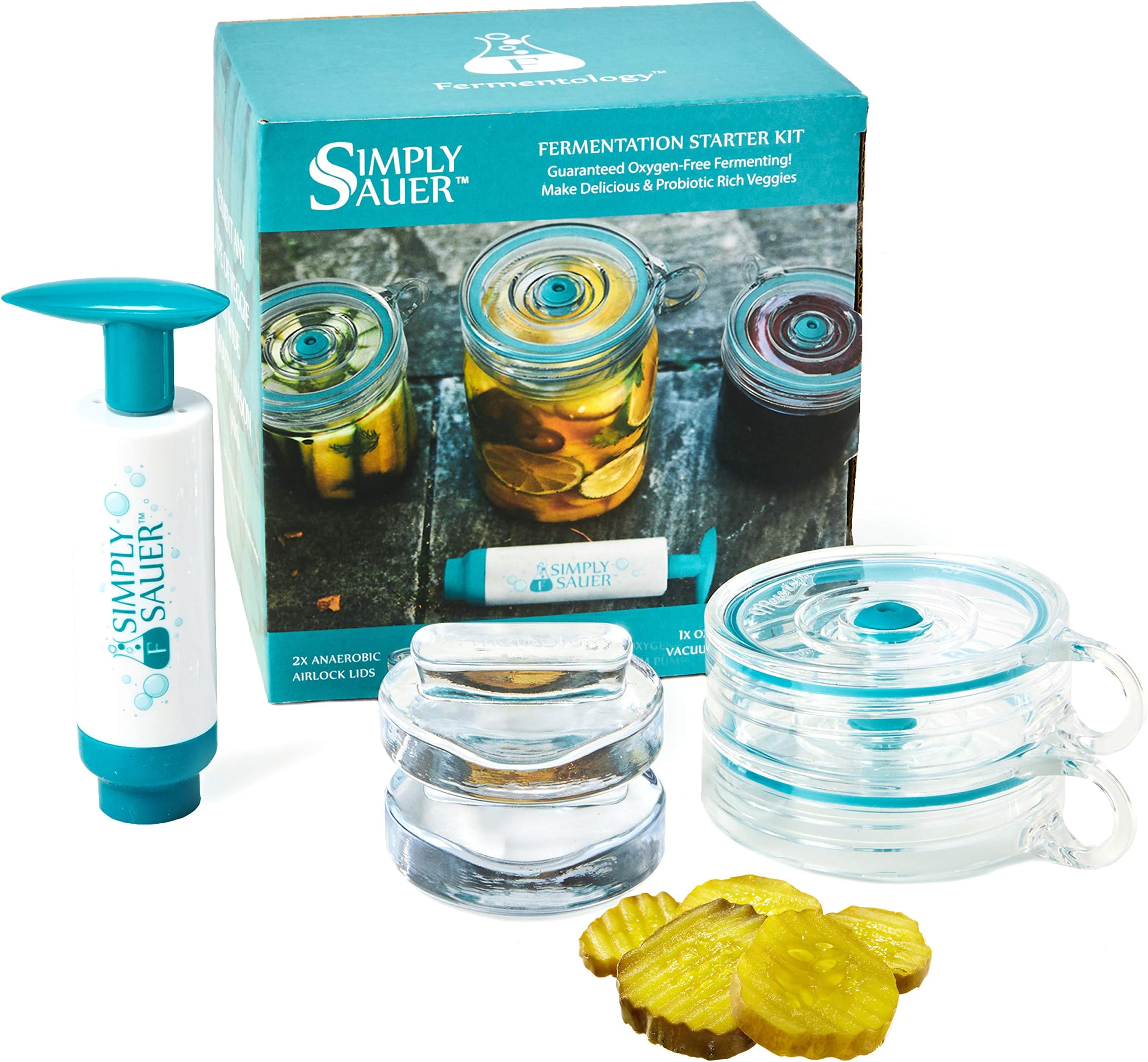Simply Sauer Fermentation Starter Kit - Fits Wide Mouth Mason Jars - Supplies Include Weights, Lids, Pump