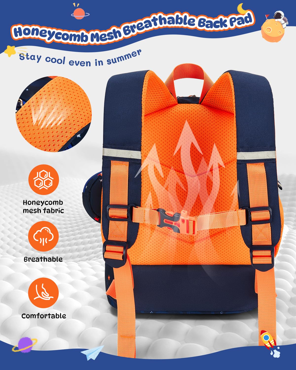 PROTAURI Zainetto Asilo Bambino con Cinturino Toracico, Zaino Bimba Asilo Riflettente con Scomparto Isolato & Portamonete, Zaino Asilo Nido Impermeabile per 2-6 Anni, 11.5L, Astronauta