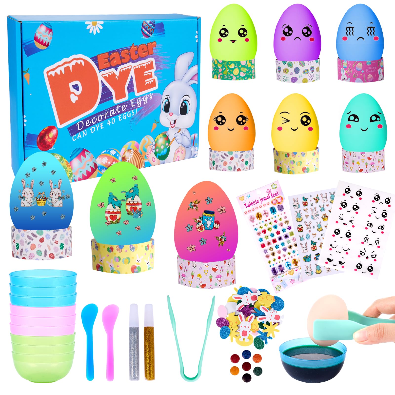 Putfoka Girls Multicoloured Easter Egg Dye Kit, 80Pcs Egg Decorating Kit With Colour Tablets Stickers Bowls, Eggs Colouring Dye For Boys, Easter Eggs Paint Party Activities Gifts For Kids