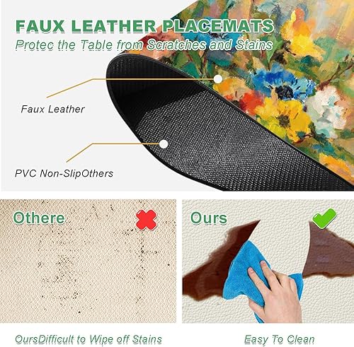 Miniatura 4 de Juego de 4 manteles individuales florales de primavera, de piel sintética, resistentes al calor, para mesa de comedor, antideslizantes,