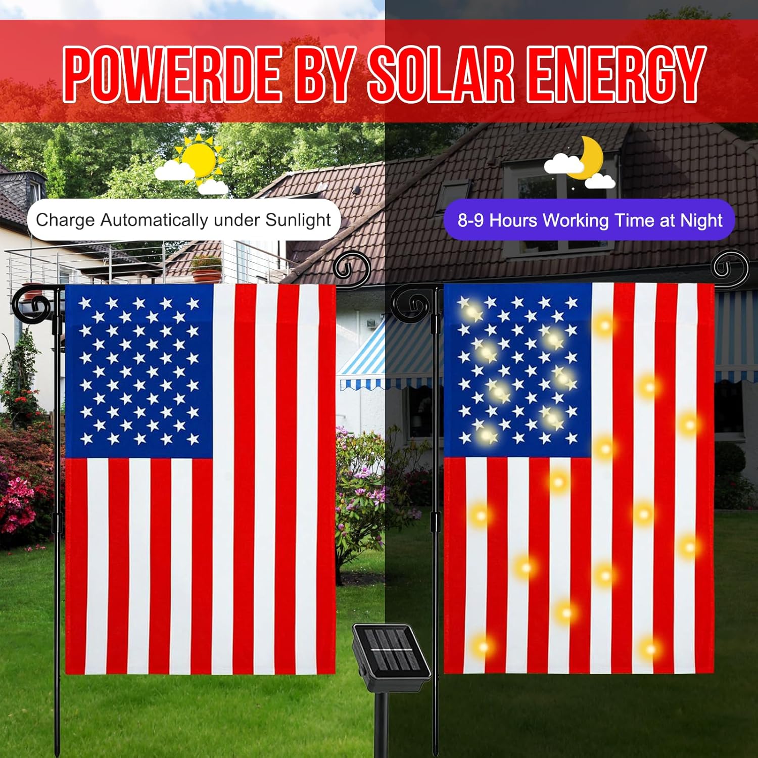 12 x 18 Double Sided American Garden Flag with Lights- Solar LED Burlap US Flag, Luminable Yard Garden Flag for Patio Lawn Outside Outdoor Decorative