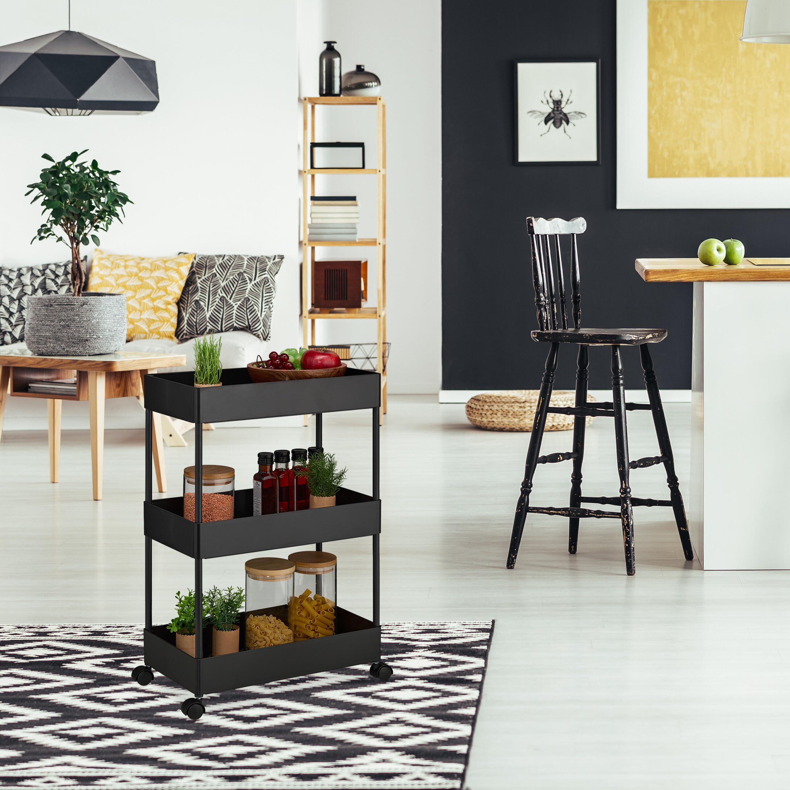 Relaxdays Carrello da Cucina con Ruote, 3 Ripiani, Carrellino Portaoggetti Bagno, Porta Detersivi, 65x39,5x21,5 cm, Nero