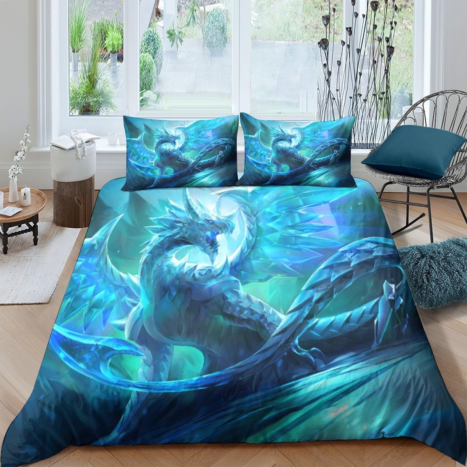 GPLZQXKJNH 3D Printed Blue Dragon Duvet Cover Microfiber Soft Breathable Fantasy Creature Bedding Set with 2 Pillowcases for Bedroom Decor Single（135x200cm）