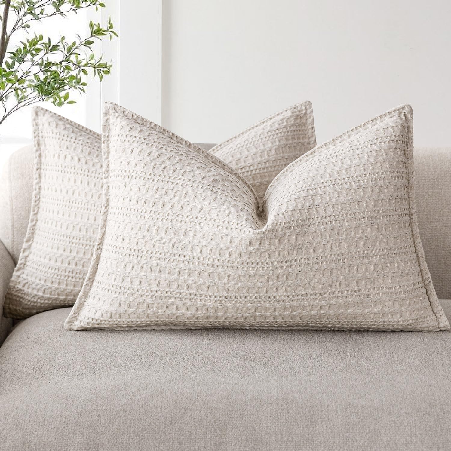 Foindtower Set of 2 Decorative Cotton Waffle Weave Lumbar Throw Pillow Covers Euro Shams Cushion Covers Accent European Pillowcase for Bed Couch Sofa