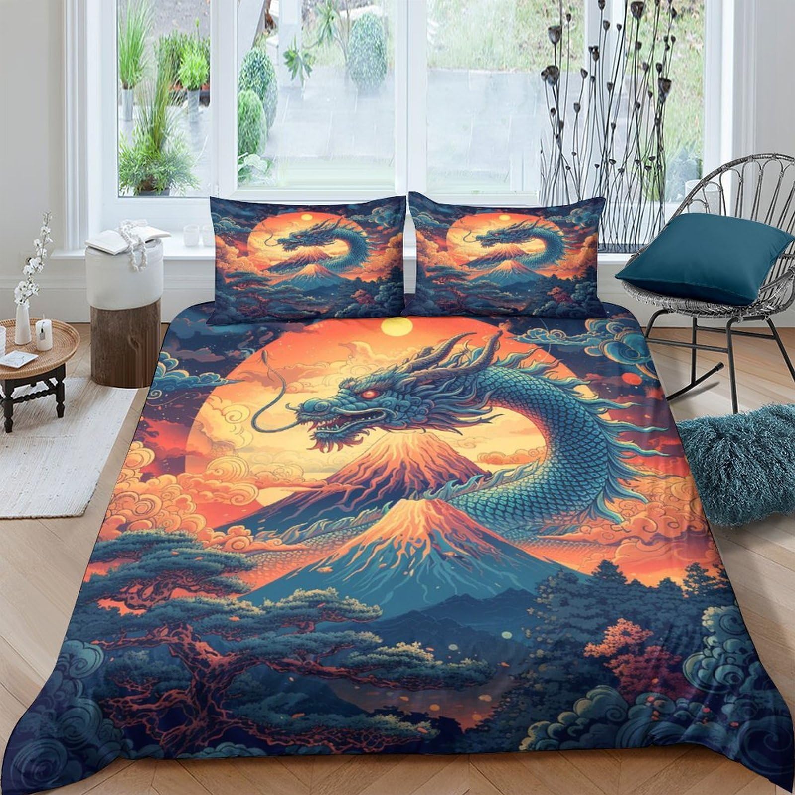 Ctjqhvkz Style-2 3D Printed Dragon Sunset Fitted Sheet Microfiber Soft Breathable Mountain Mattress Cover Bedroom Decor Single（135X200cm）