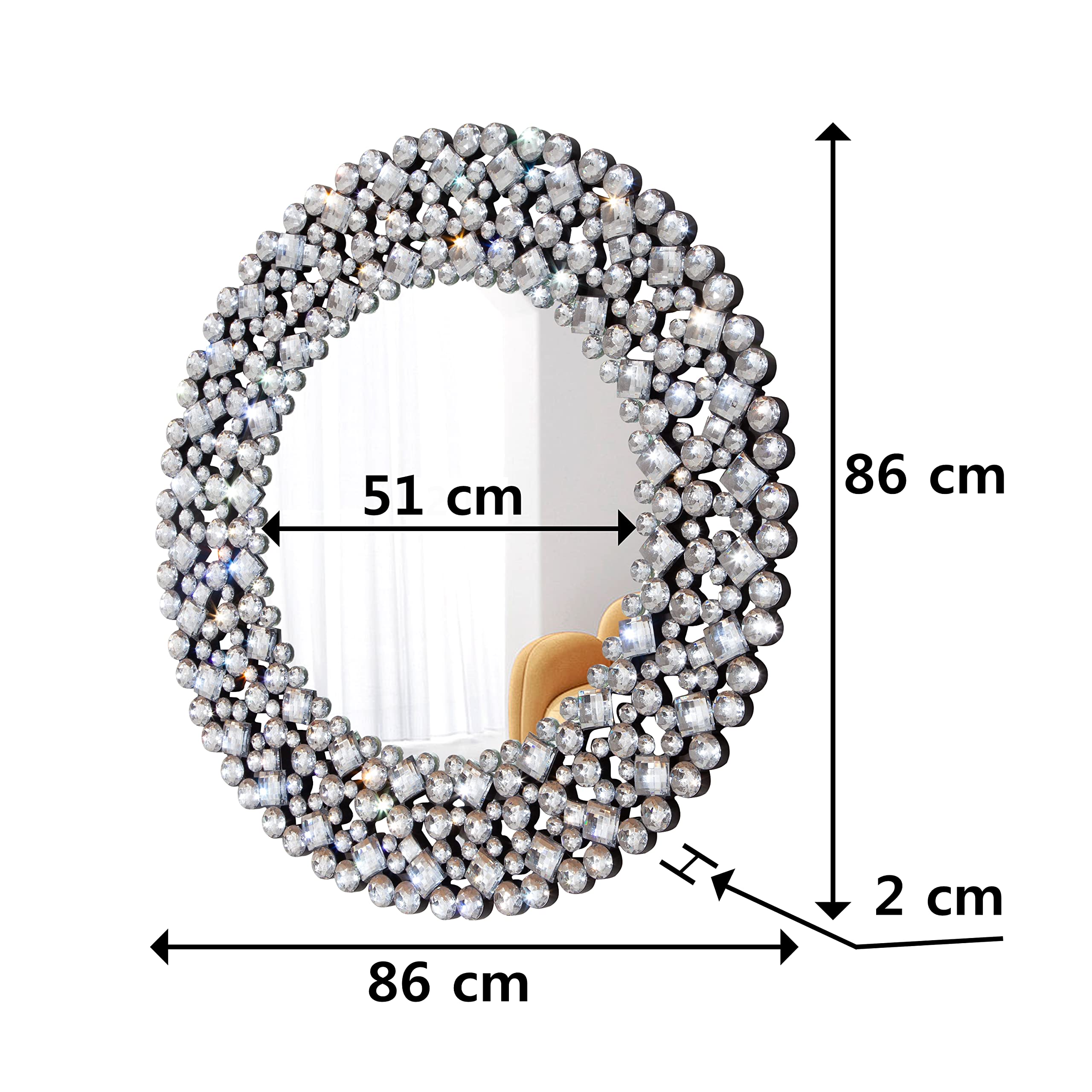 SHYFOY Specchio Rotondo da Parete, Grande Specchio da Parete Moderno con Bordo di Gioielli in Cristallo | Oggetto Decorativo Per Pareti | Ideale Come Oggetto Decorativo in Soggiorno| 86x86 cm