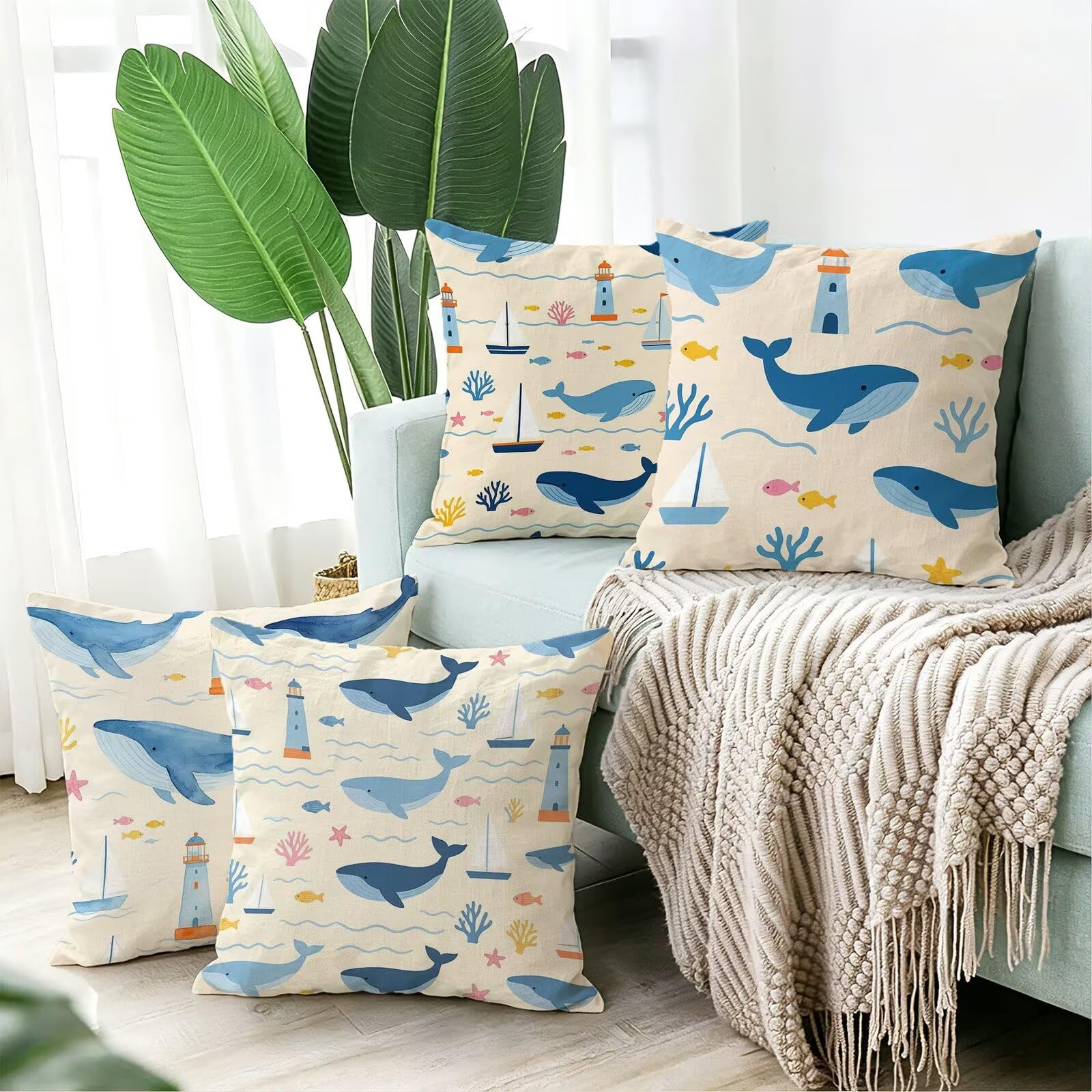 Blu Federe Cuscini Divano 50x50cm, Cuscini da Esterno Set de 4, Cod-137 | Lin Copricuscini Decorativi Letto Arredo, per Letto, Soggiorno, Giardino, Esterno, Casa Decorazione Set di 4 Animale