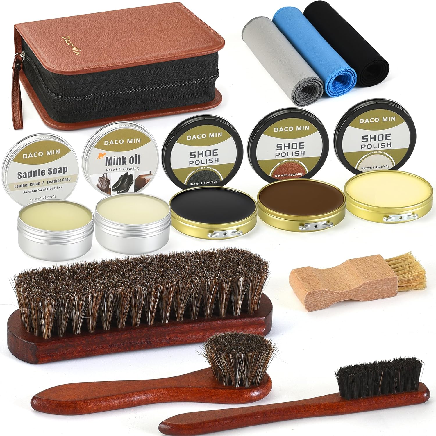 Leather Shoe Care Kit, Professional 13-Piece Shoe Polish Gift Set with Saddle Soap, Mink Oil, Horsehair Brushes and Travel Case for Business Professionals for Men Women