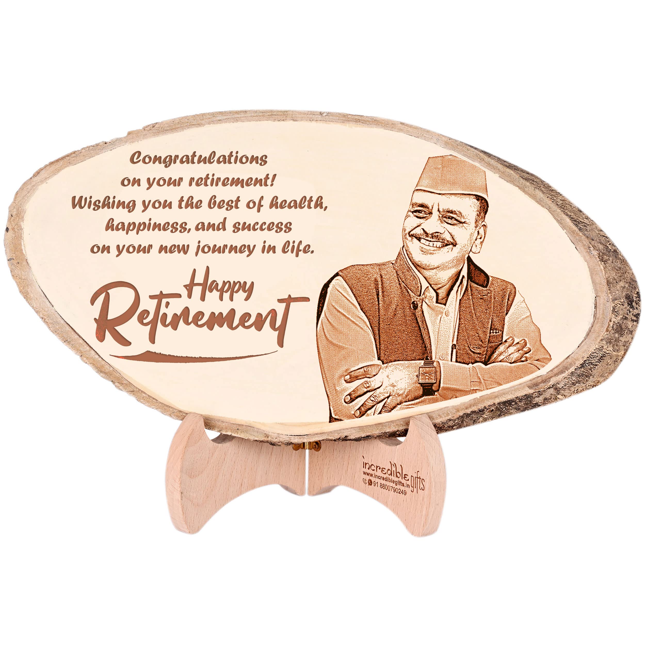 Incredible Gifts India TableTop Personalized Natural Wood Oval Photo Frame - Customized Engraved Gift For Retirement (10-15 Inches)