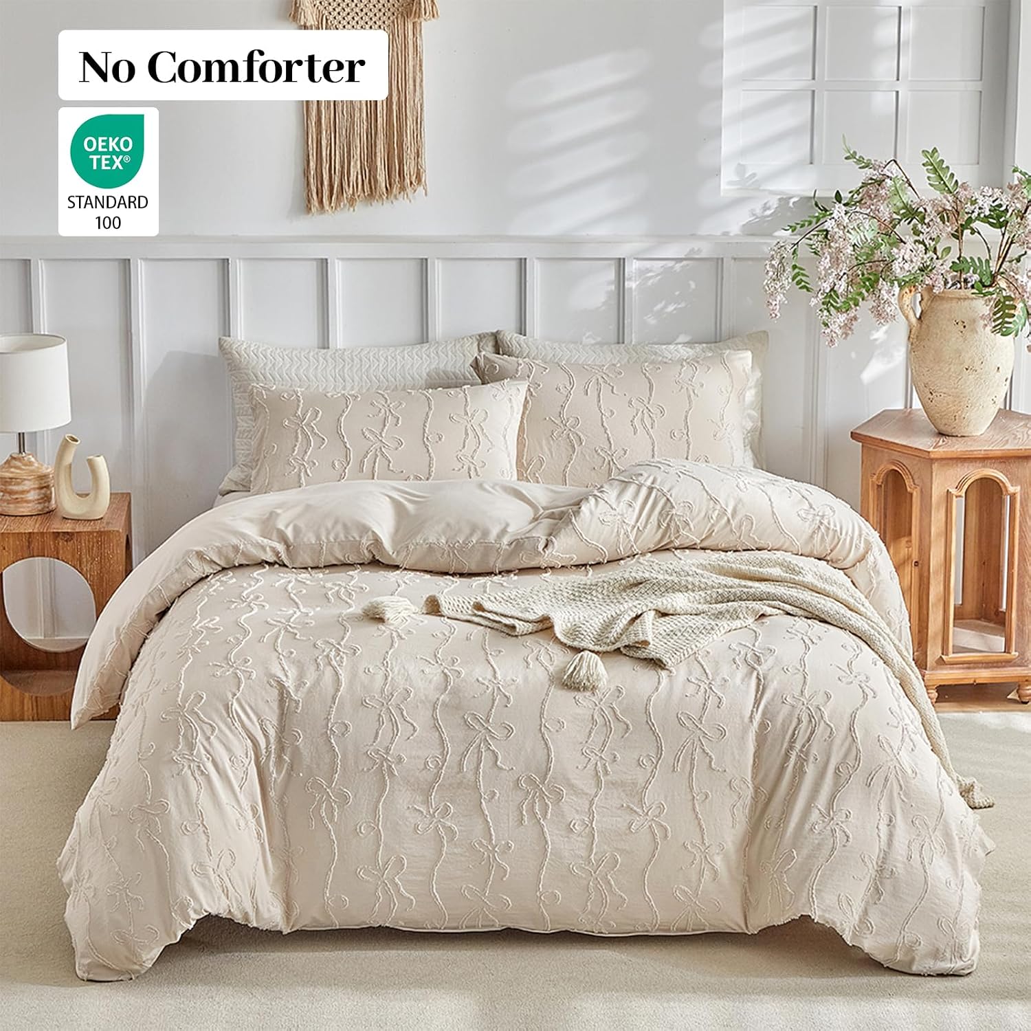 Warmstar Boho Duvet Cover King Size, 3 Pieces Tufted Duvet Cover Set, Textured Floral Jacquard Bedding Set Soft Aesthetic Comforter Cover for All Seasons, Comforter Not Included,104" x 90",Khaki