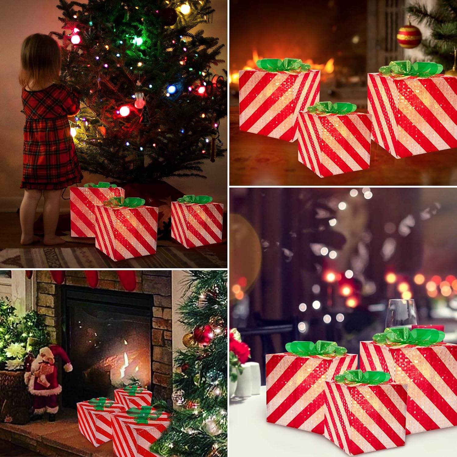 3 Pack Christmas Lighted Gift Box Decorations 50 Mini Bulb Fairy Lights Plug in with 2 Free Bulbs Fuse Shiny Surface Light up Present Boxes for Xmas Indoor Outdoor