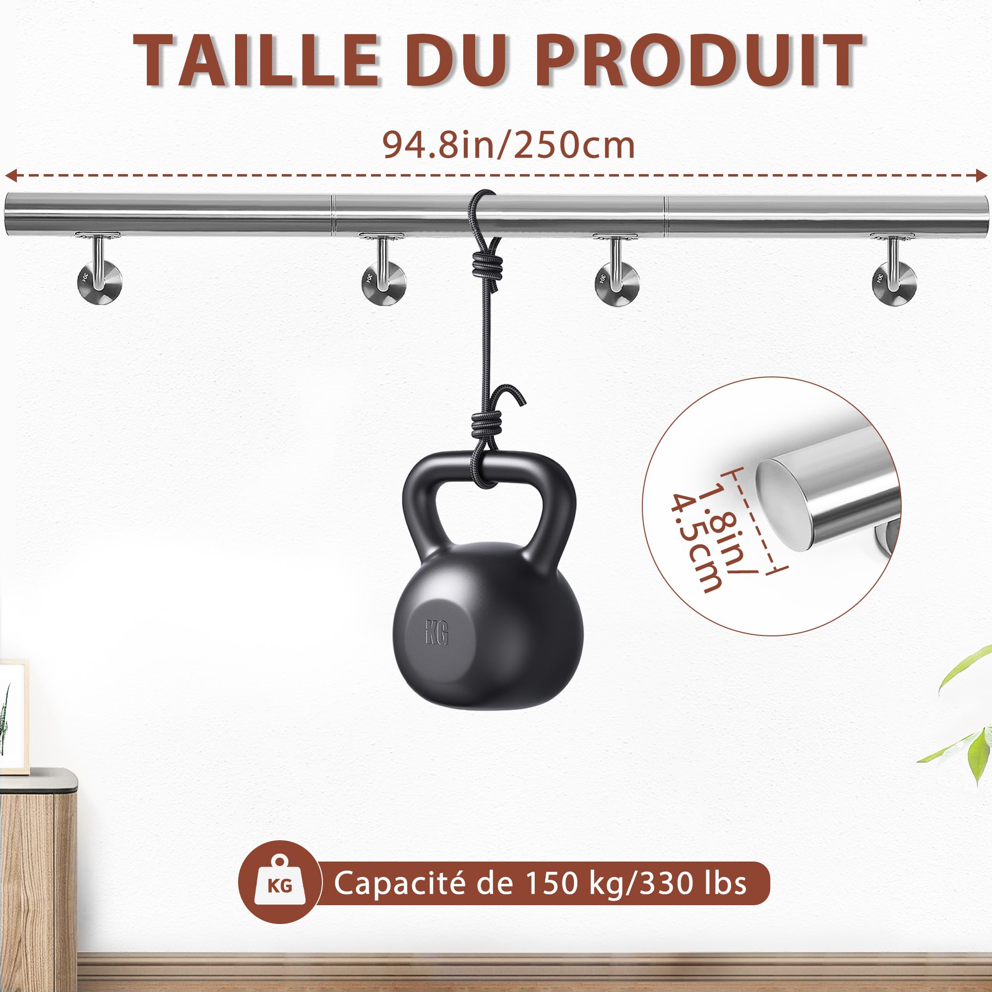 OUUTMEE 250CM Main Courante pour Escaliers en Acier Inoxydable, rond Ø 42 mm, Rampe d'Escalier Murale avec Support, Intérieure/Extérieure Main Courante pour Escaliers/Grenier/Terrasse/Porche et Garage